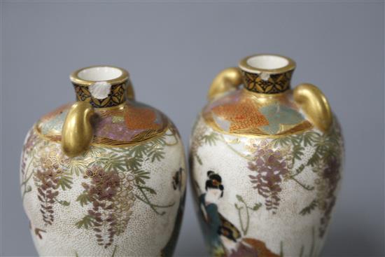 A pair of small Satsuma vases, decorated with geisha in gardens, height 8.75cm